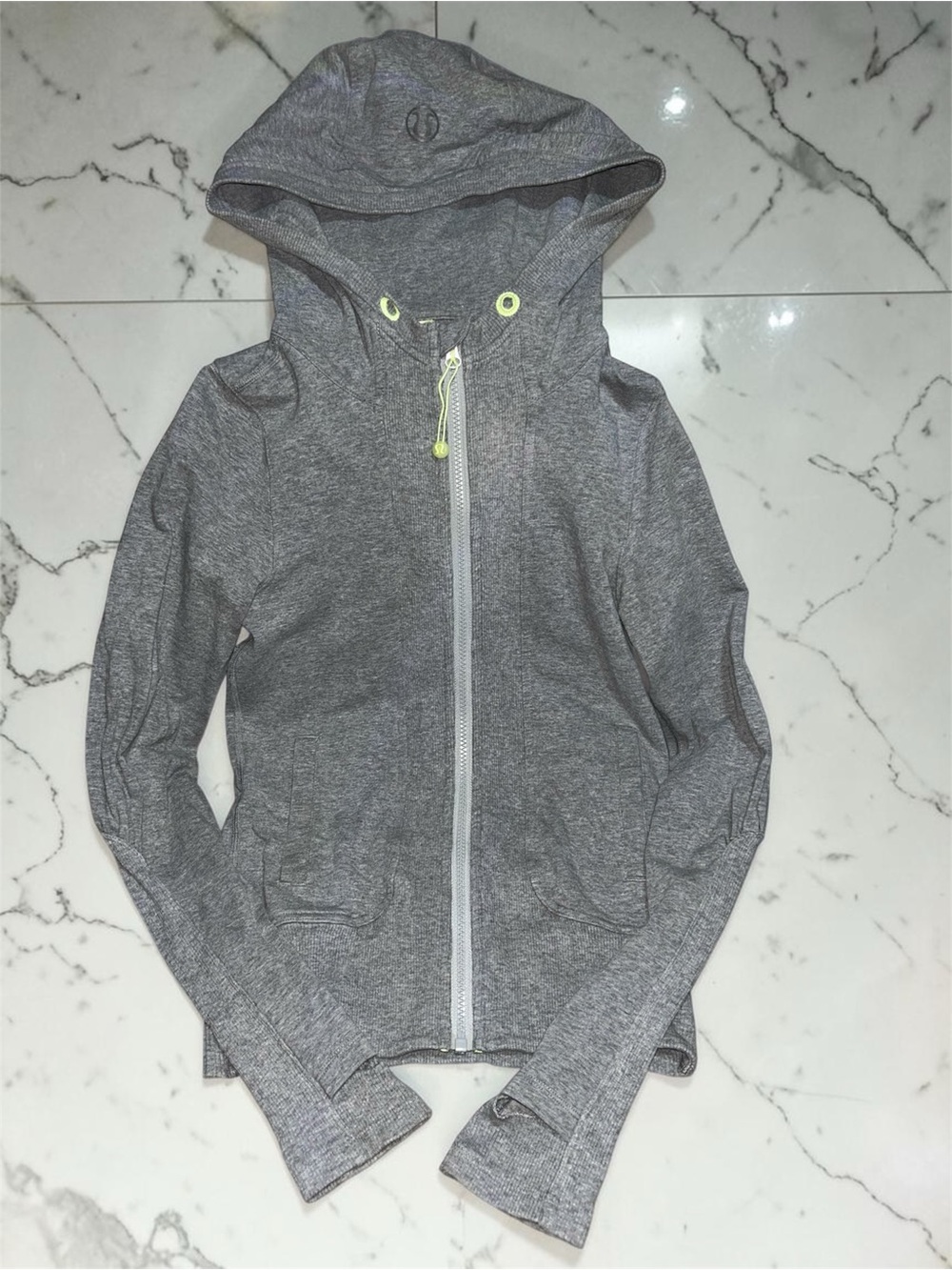 Vintage Lululemon athletica Heather Gray Zip Hoodie with Neon Yellow Accents SZ2